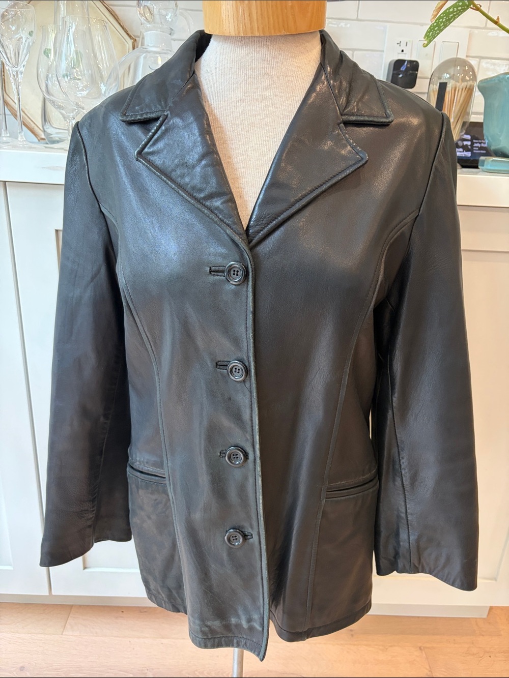 Women's Black Leather 4 Button-Front Fully lined Blazer
